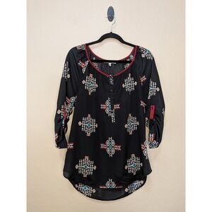 Daniel Rainn Black Southwestern Geometric Henley Roll Tab Blouse Large Boho Chic
